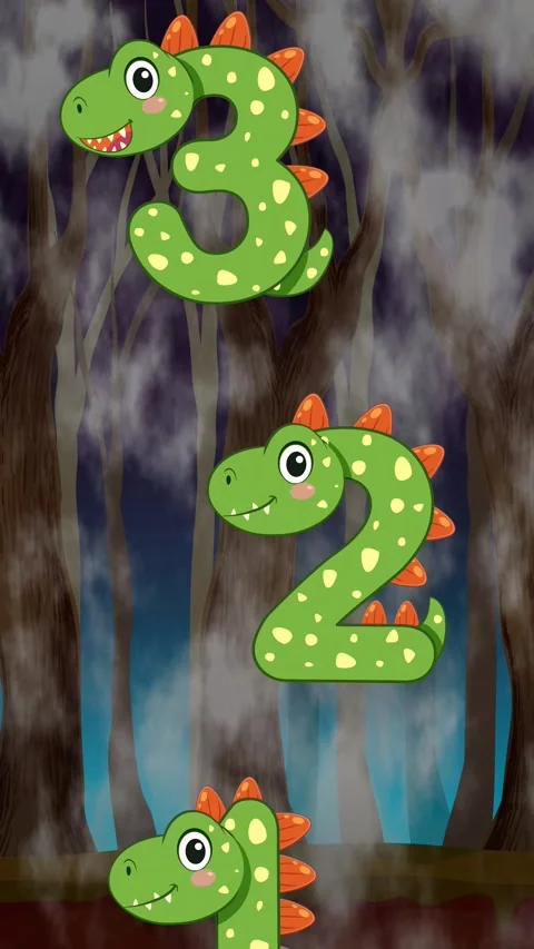 Cartoon Dinosaur Numbers Falling Through a Dark Misty Forest Background Stock Footage 341838993