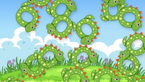 Cartoon Dinosaur Objects Falling Over a Grassy Hill Background Stock Footage 342117635
