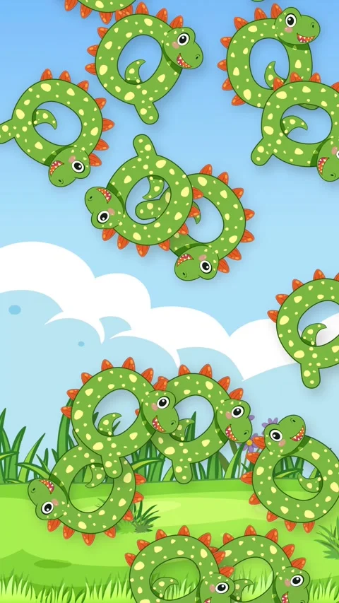 Cartoon Dinosaur Rings Falling Over a Sunny Meadow Background Stock Footage 342314078