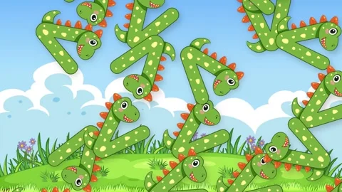Cartoon Dinosaur Shaped Objects Falling Over a Grassy Hill Background Stock Footage 342318765