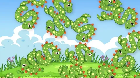 Cartoon Dinosaur Shaped Objects Falling Over a Grassy Hill Background Stock Footage 345117892