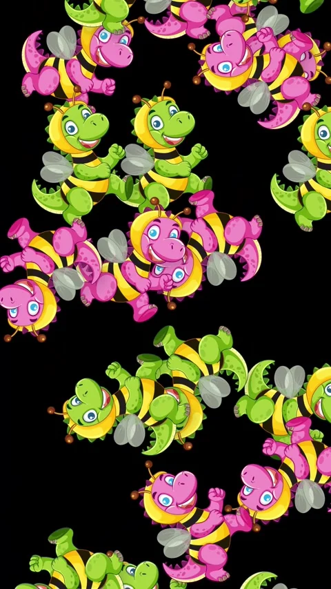 Cartoon Dinosaurs in Bee Costumes Falling Against Black Background Stock Footage 342320149