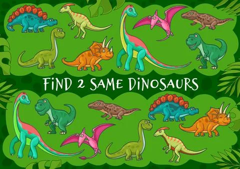 Cartoon dinosaurs, find two same dino, kids game Stock Illustration