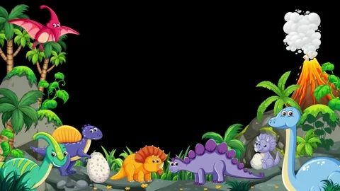 Cartoon Dinosaurs Jungle Border Frame with Volcano on Black Background Stock Footage 346206800