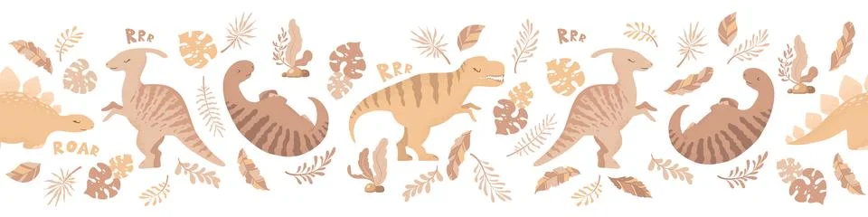 Cartoon dinosaurs seamless horizontal pattern with cute dinosaurs and plant.. Stock Illustration