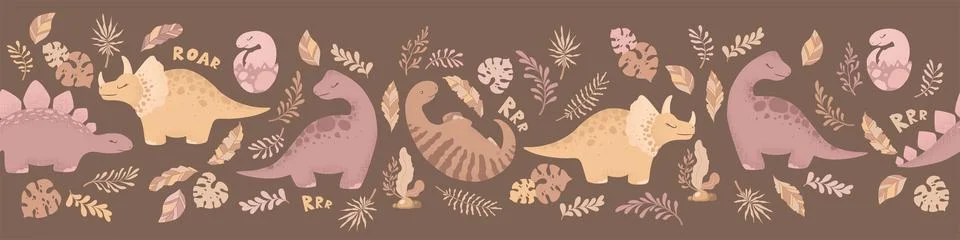 Cartoon dinosaurs seamless horizontal pattern with cute dinosaurs and plant.. Stock Illustration
