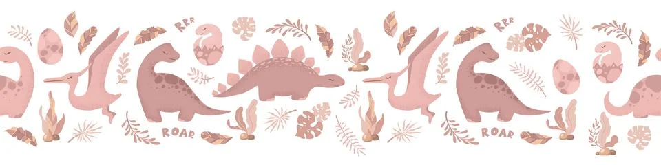 Cartoon dinosaurs seamless horizontal pattern with cute dinosaurs and plant.. Stock Illustration