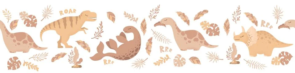 Cartoon dinosaurs seamless horizontal pattern with cute dinosaurs and plant.. Stock Illustration
