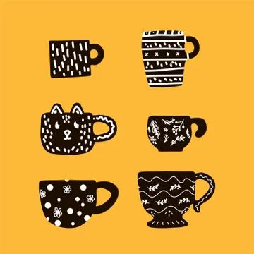 Cartoon dishes cups with an abstract pattern. Hand-drawn texture of a set of Stock Illustration