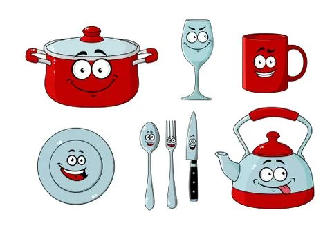 Cartoon dishware and kitchenware set 스톡 일러스트
