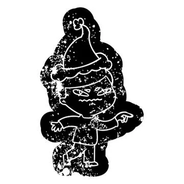 Cartoon distressed icon of a angry man pointing wearing santa hat Stock Illustration