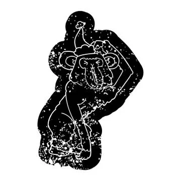 Cartoon distressed icon of a chimp scratching head wearing santa hat Illustrazione stock