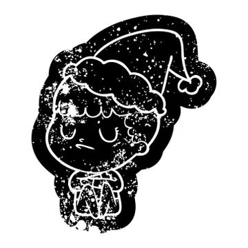 Cartoon distressed icon of a grumpy boy wearing santa hat イラスト素材