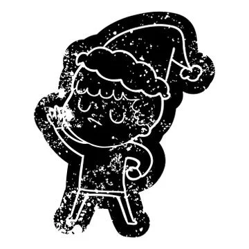 Cartoon distressed icon of a grumpy boy wearing santa hat Stock Illustration