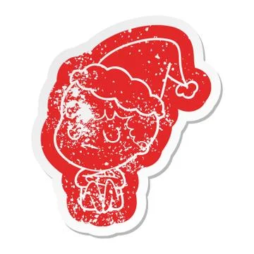 Cartoon distressed sticker of a grumpy boy wearing santa hat 스톡 일러스트