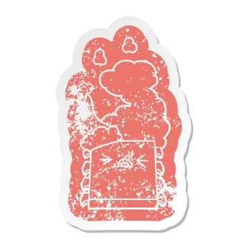 Cartoon distressed sticker of a overheating computer chip wearing santa hat Stock Illustration