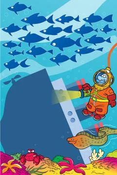 Cartoon diver on the seabed Stock Illustration