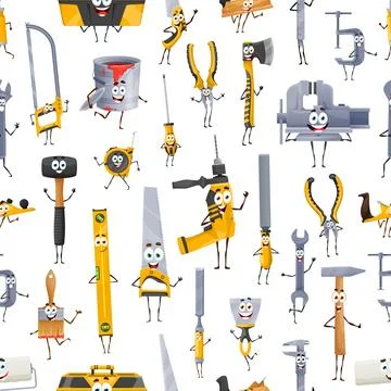 Cartoon DIY tools characters seamless pattern Illustrazione stock