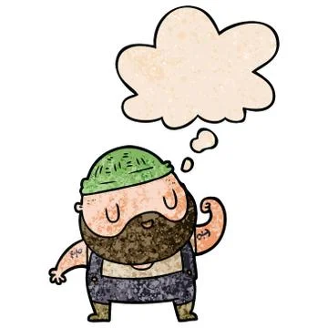 Cartoon dock worker and thought bubble in grunge texture pattern style Stock Illustration