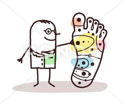 Cartoon doctor with big foot and and reflexology Stock Illustration