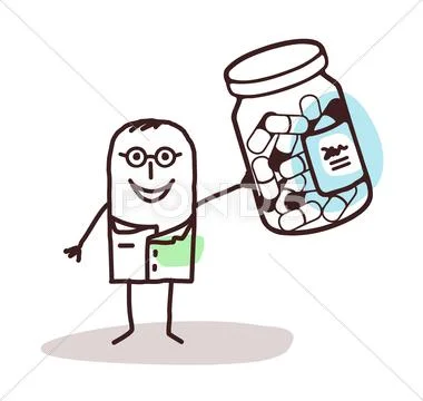Cartoon doctor with bottle of médicine capsules Stock Illustration