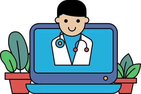 A cartoon doctor is on a computer screen Stock Illustration