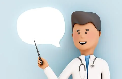 Cartoon doctor with a stethoscope points to an empty speech bubble - 3d rende Stock Illustration