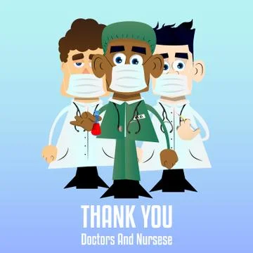 Cartoon doctors or nurses. Thank you card for healthcare workers working in t Stock Illustration