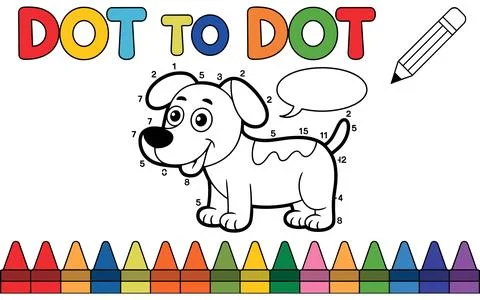 Cartoon dog dot to dot activity with crayons and pencil Stock Illustration