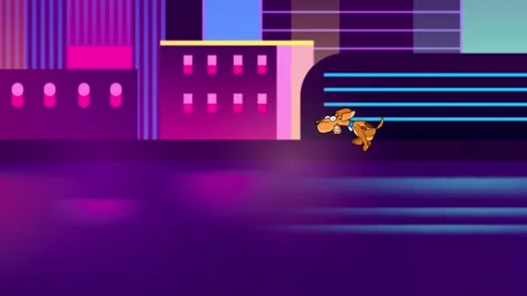 Cartoon. Dog runs to the left. Background of the city Stock Footage 276181552