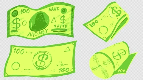 Cartoon dollar banknotes drawn on blue screen. 2D cash money animation in 4K for Stock Footage 329392702
