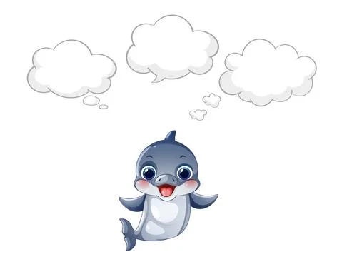Cartoon Dolphin Character with Empty Thought Bubbles on White Background Иллюстрация
