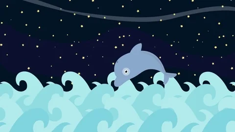 Cartoon Dolphins Jumping Between the Sea Waves on a Starry Night Background Stock Footage 72940624