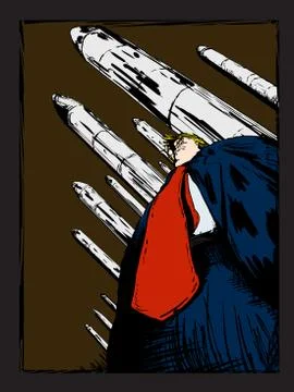 Cartoon of Donald Trump in Front of Missiles Stock Illustration