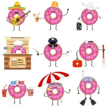 Cartoon donuts, animated donuts. A set of funny donuts. Flat design, vector. Stock Illustration