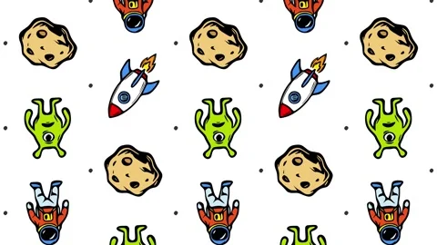 Cartoon Doodle Astronaut Rocket and Asteroid Pattern with Rotate Animation Stock Footage 332622096