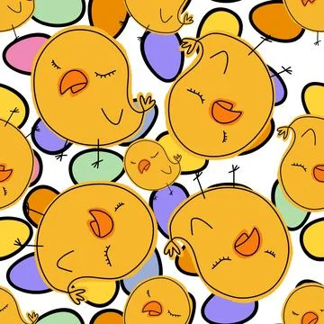Cartoon Doodle Easter seamless chicken and eggs pattern for wrapping paper Stock Illustration
