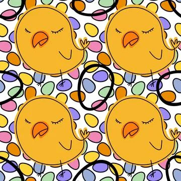 Cartoon Doodle Easter seamless chicken and eggs pattern for wrapping paper 스톡 일러스트