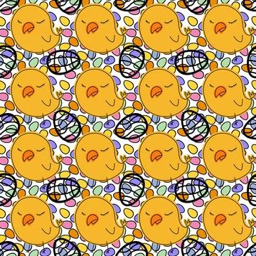 Cartoon Doodle Easter seamless chicken and eggs pattern for wrapping paper Stock Illustration