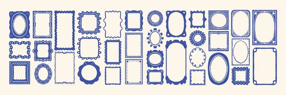Cartoon doodle frame set, hand drawn cute wavy border coastal blue decoration Stock Illustration