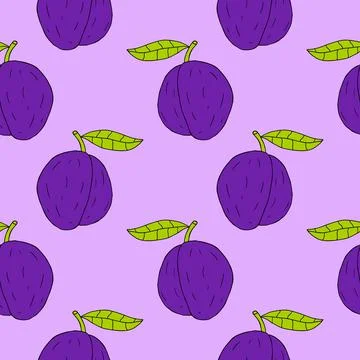 Cartoon doodle linear plum with leaf seamless pattern. Stock Illustration