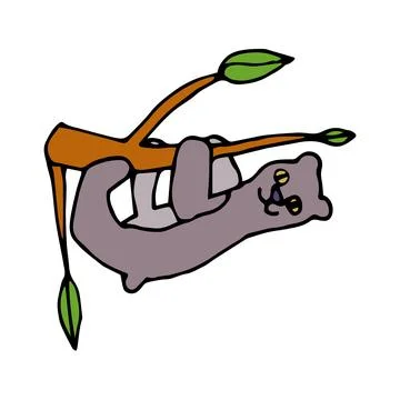 Cartoon doodle linear sloth on the tree branch. Cute animal. Stock Illustration