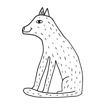 Cartoon doodle linear wolf sitting isolated on white background. Cute wild .. Stock Illustration