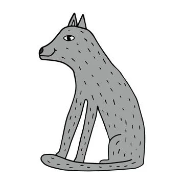 Cartoon doodle linear wolf sitting isolated on white background. Cute wild .. Stock Illustration