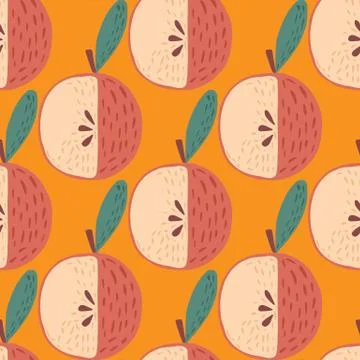 Cartoon doodle seamless apple pattern. Fruit ornament in pink tones on bright 스톡 일러스트