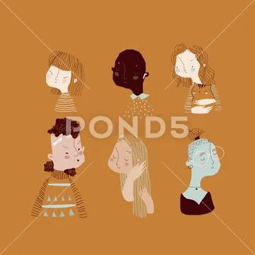 Cartoon Doodle Set with Cute Faces of Children Illustration #219347948