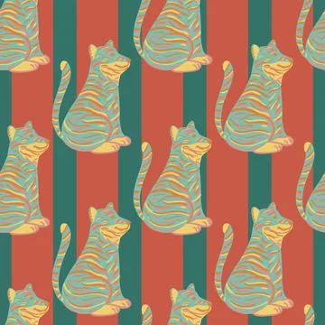 Cartoon doodle tiger seamless pattern with blue colored ornament. Red and gre Illustrazione stock