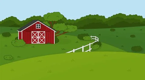 Cartoon doodle vector cute summer or spring farm in countryside. Red barn, wh Ilustración de archivo