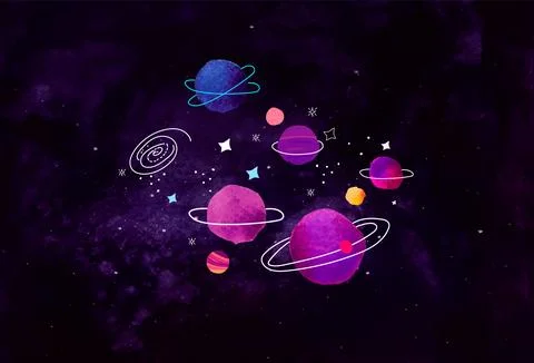 Cartoon Doodle Vector Elements on Watercolor Space Background. Cosmonautics D Stock Illustration