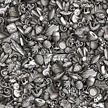 Cartoon doodles Australia seamless pattern. Stock Illustration